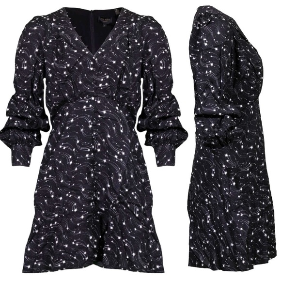 TED Baker Gemmi Long Puff Sleeve V Neck Ruffle Hem Pockets Shift Mini Dress NEW - Picture 9 of 14